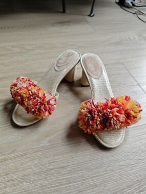 Sam Edelman Woven Slide Heels with Multicolor Pom Detail